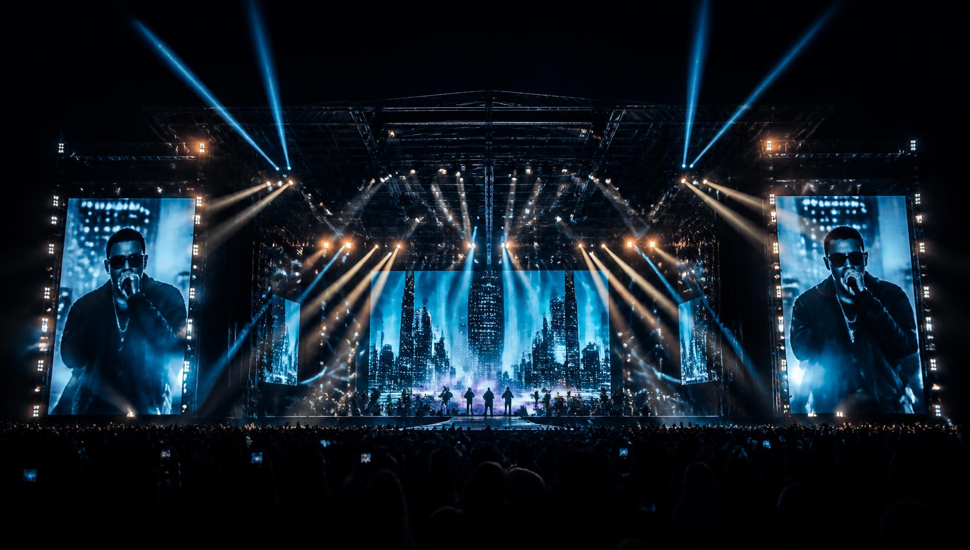 Skyline event production stage with lighting